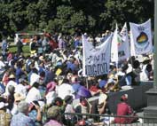 Photo shows a large protest group in Parliament grounds. 