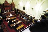 Photo shows a view of parliament's debating floor as seen from the public gallery.